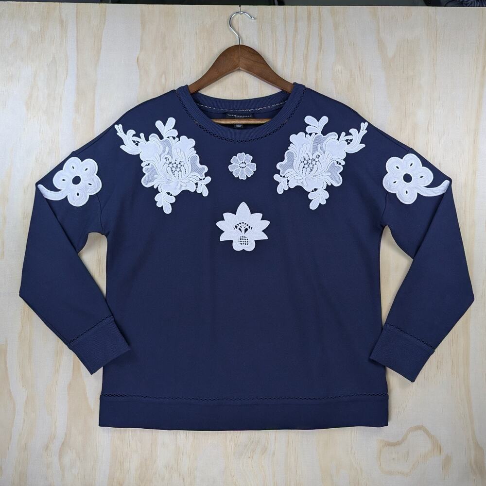 Victoria Beckham For Target Women's Medium Navy Floral Lace Applique Sweatshirt